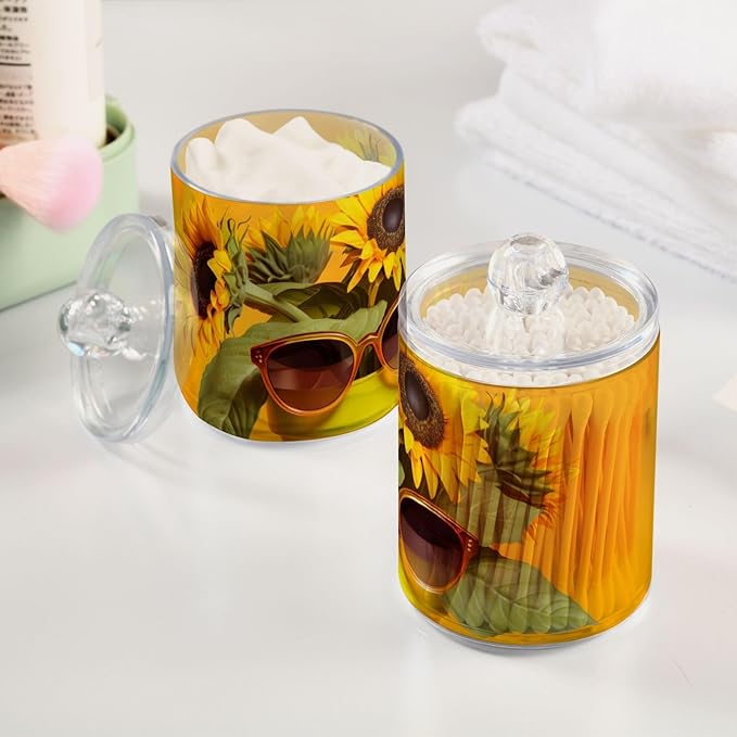 2 Pack Qtip Cotton Ball Holder Dispenser with Lid Funny Sunflower Print, Plastic Jars Bathroom Canisters Storage Organizer