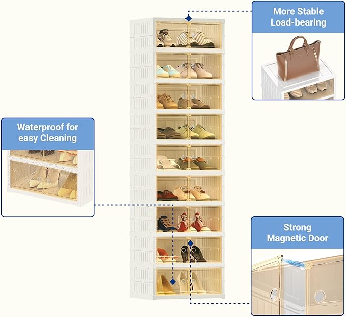FLEXIMOUNTS Shoe Rack Organizer Storage Box 9 Tiers-18 Pairs, Portable Folding Shoe Rack for Closet Entryway, Collapsible Shoe Cabinet with Magnetic Clear Door for Front Door Entrance