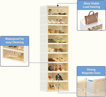 FLEXIMOUNTS Shoe Rack Organizer Storage Box 9 Tiers-18 Pairs, Portable Folding Shoe Rack for Closet Entryway, Collapsible Shoe Cabinet with Magnetic Clear Door for Front Door Entrance