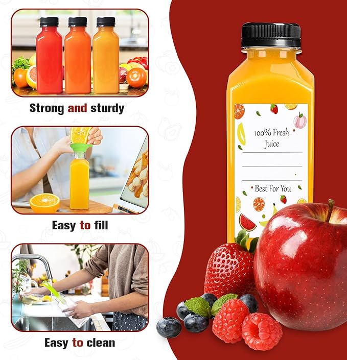 12pcs 12oz Plastic Juice Bottles, Reusable Juice Containers with Black Tamper Proof Lids, Brush, Funnel and Labels, Clear Juice Containers for Juicing, Smoothie and Homemade Beverages
