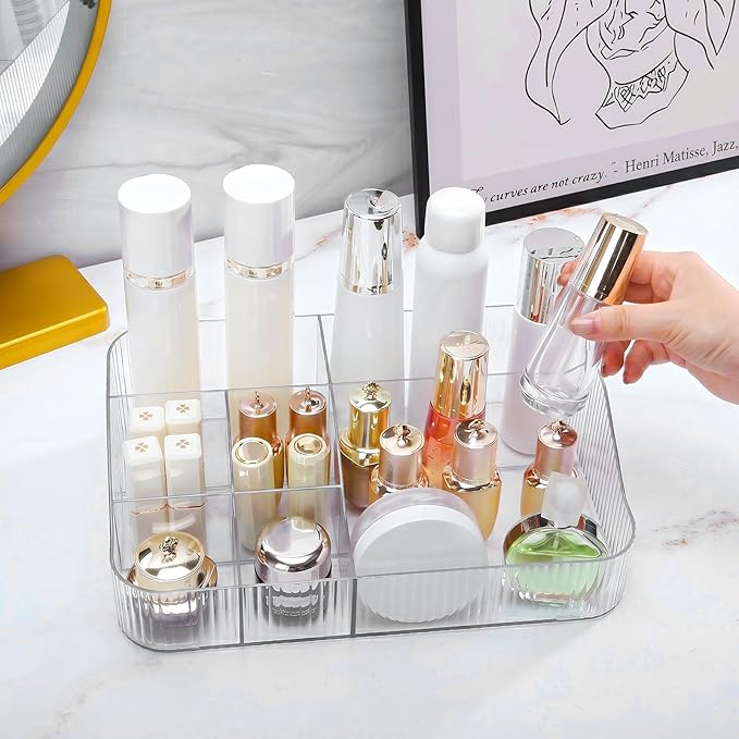 DASITON Large Capacity Makeup Brush Holder, 7 Slot Makeup Brush Cup, Vintage Striped Make Up Brush Holder, Makeup Tray Organizer for Vanity Decor, Bathroom Countertops, Desk Storage Container (Clear)
