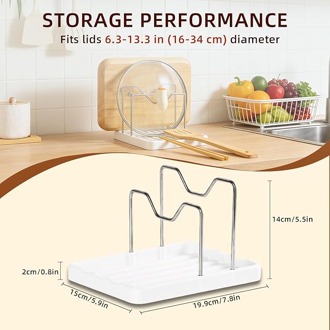 Pot Lid Holder and Spoon Rest, 2-in-1 Kitchen Counter Organizer with Stainless Steel Lid Holder While Cooking and Plastic Utensil Rest, Space Saving Pot Cover Rack for Stovetop and Countertop (White)