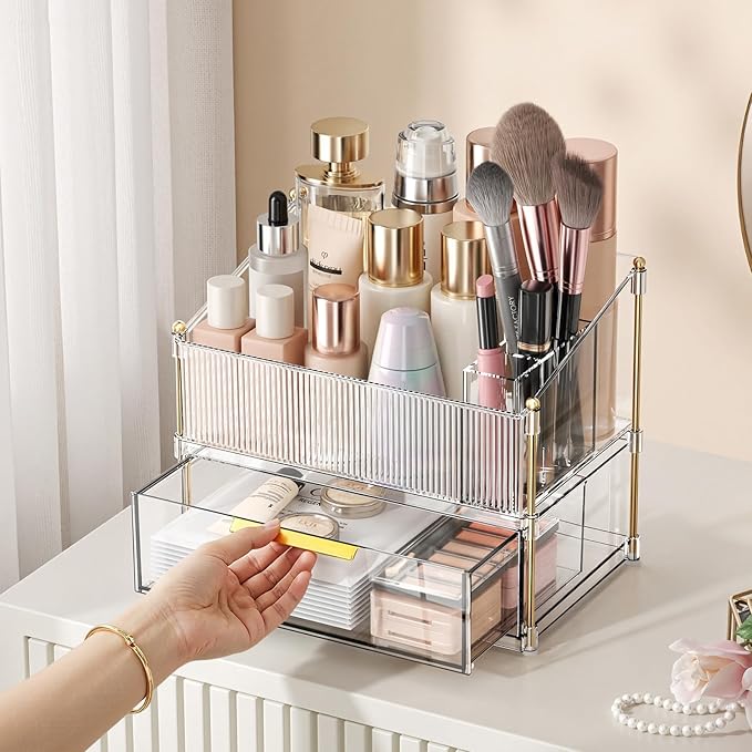 INVSSENE Stackable Makeup Organizer Countertop, Storage Perfume Skincare Cosmetic Lipstick Face Mask Makeup Brush Palettes, Ideal for Vanity Bathroom Counter