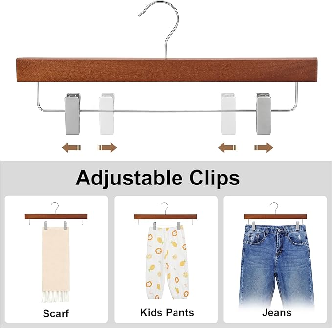TOPIA HANGER Walnut Wood Pants Hangers, Wooden Skirt Short Jeans Trouser Hanger with Smooth Surface 360° Swivel Hook Anti Rust 2 Adjustable Clips, 20 Pack, CT10PWA20