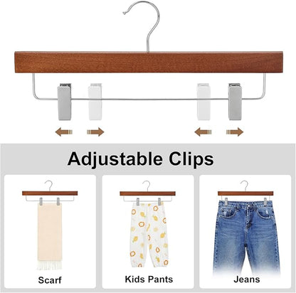 TOPIA HANGER Walnut Wood Pants Hangers, Wooden Skirt Short Jeans Trouser Hanger with Smooth Surface 360° Swivel Hook Anti Rust 2 Adjustable Clips, 20 Pack, CT10PWA20