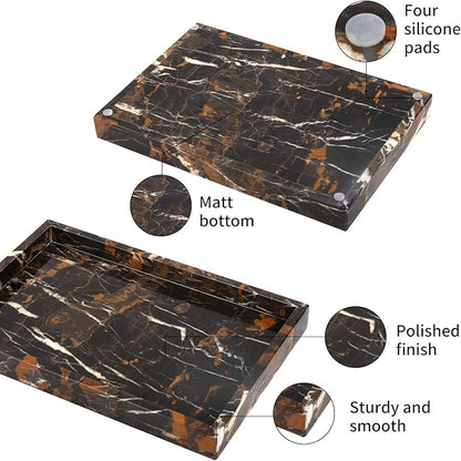 Marble Bathroom Vanity Tray, Natural Luxury Vanity Home Kitchen Bathroom Table Tray, Stone Decorative Countertop Dresser Trays for Key Coffee Perfume Jewelry Makeup (Black Gold, 12"x 8" x1.2")