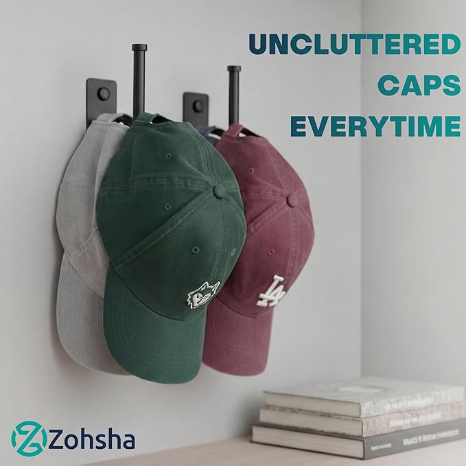 2 Pack Stainless Steel Hat Rack and Hat Organizer for Baseball Caps, Wall-Mounted Hat Holder, Strong Adhesive or Screw Mount, Space-Saving Hat Storage for Closet, Bedroom, Door (Black)