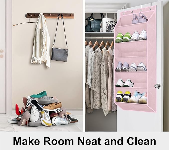 SLEEPING LAMB Over The Door Shoe Rack with Large Deep Pockets, Kids Shoe Organizer for Closet Door, Narrow Hanging Boots Storage, Pink