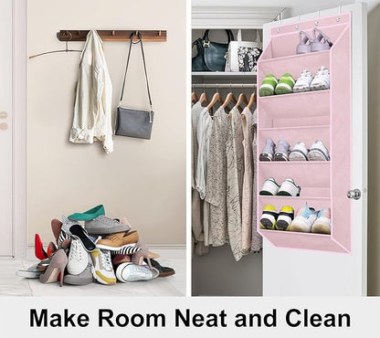 SLEEPING LAMB Over The Door Shoe Rack with Large Deep Pockets, Kids Shoe Organizer for Closet Door, Narrow Hanging Boots Storage, Pink