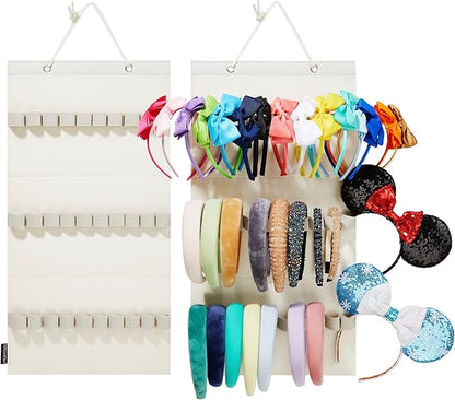 Hanging Headband Organizer with 30 Elastic Loops for Women Girls Headbands Display, Wall Headband Holder Organizer for Home (Beige)