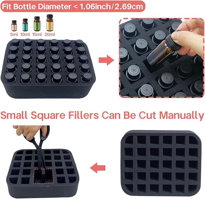 Essential oils Organizer Holder Foam Pad with Slots, Holds 30 bottles of 10ml、15ml Bottles, Removable Dividers，Black
