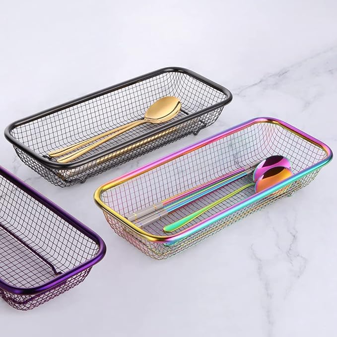 Kitchen Drawer Organizer, Stainless Steel Storage Container Metal Cabinet Storage Basket for Holding Silverware Kitchen Utensil, Pack of 2, Purple