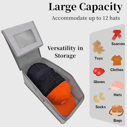 Hat Storage Box Organizer, 2-Pack, Stackable with Clear Windows, Holds 30 Baseball Caps, Grey