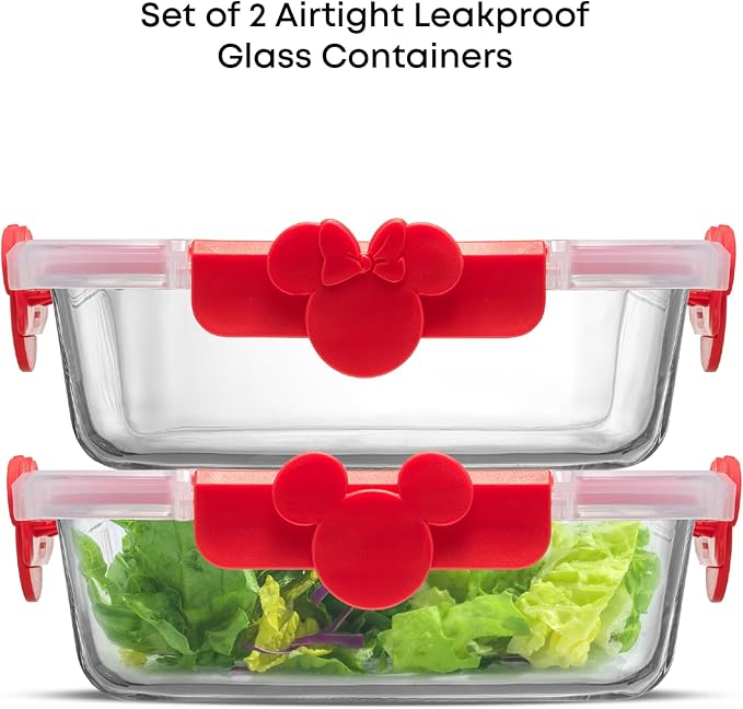 JoyJolt Disney Mickey & Minnie Glass Food Storage Containers with Lids, 2x Airtight Borosilicate Glass Storage Containers with Lids for Kitchen, Reusable Lunch Meal Prep Container, Disney Gifts | Red