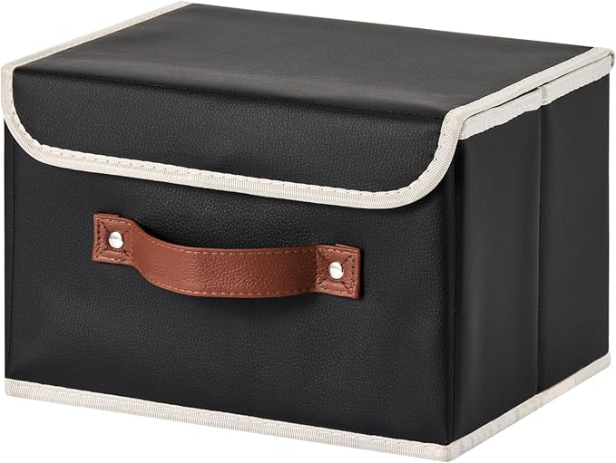 Storage Bins Box with Lids Decorative PU Leather Fabric Baskets Cubes with Handles PP Plastic Board Foldable Washable Lidded Clothing Shelf Closet Organizer Container (Black, Small)