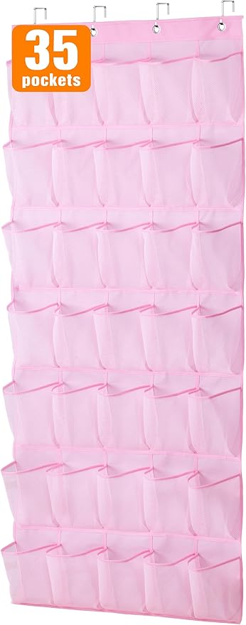 MISSLO 35 Large Pockets Over The Door Shoe Organizer Sturdy Oxford Fabric Hanging Shoe Rack for Door Mesh Closet Shoe Holder Hanger, Pink