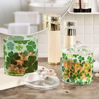 2 Pack Qtip Dispenser Apothecary Jars with Lids Cotton Round Holder Bathroom Canisters for Cotton Swab Floss Ball Pads Clear Plastic Decorative Green St Patrick Clovers