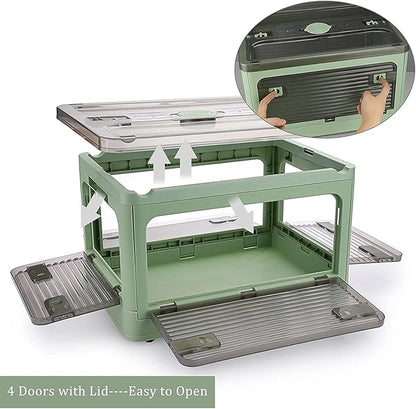 Folding Storage Bins, 36 Liters, 2 Pcs Green Plastic Storage Containers with Wheels, Four Doors, Foldable, Stackable, Plastic Box with Lids for Organization, Storage Cart
