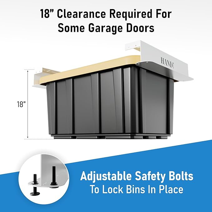 USA Based Overhead Garage Storage Rack, Connectable Heavy Duty Metal Ceiling Rails Garage Storage Organization Shelving System, Hanging Racks Tote Containers, Supports Up To 3 Bins, 2 Sets White