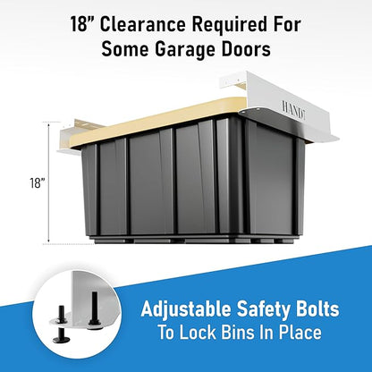 USA Based Overhead Garage Storage Rack, Connectable Heavy Duty Metal Ceiling Rails Garage Storage Organization Shelving System, Hanging Racks Tote Containers, Supports Up To 3 Bins, 2 Sets White