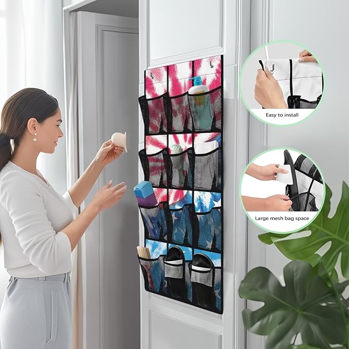 Tie-Dye Space Saving Hanging Shoe Organizer,Entryway Bedroom Bathroom Storage Bags with 12 Mesh Large Pockets,Stylish Print
