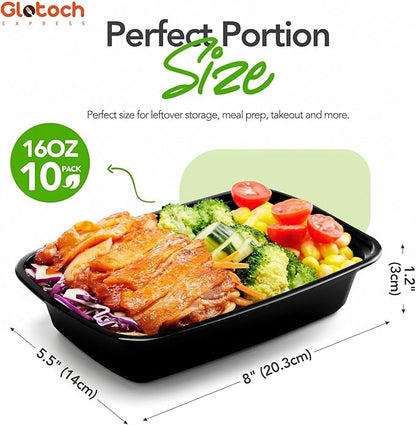 Glotoch 16oz 10-Pack Meal Prep Containers with Lids Reusable, plastic food storage containers sturdy leakproof, Microwave/freezer/dishwasher safe to go food containers, Black