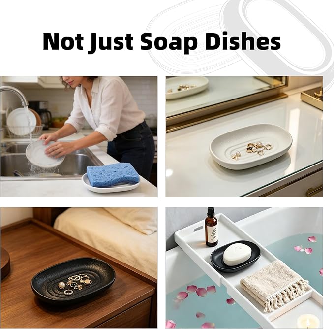 Ceramic Soap Dishes for Bar Soap- Matte White Textured Finish Bar Soap Holder for Bathroom Kitchen Sink & Shower - Easy to Clean Simple Oval Soap Dish Soap Tray for Soap Bars, Sponges, Jewelry