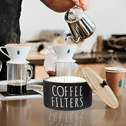 Coffee Filter Holder - Wooden Coffee Storage Container with Lid, Multipurpose Filter Dispenser, Sturdy Coffee Pod Organizer for Bar Counter Decor (Black)