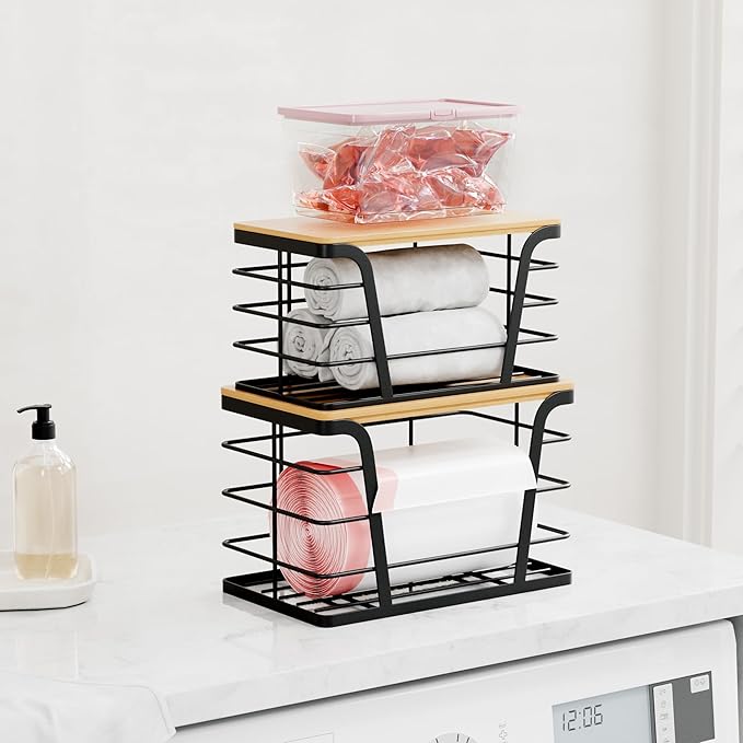 TIDIIABODE 2 Pack Stackable Storage Laundry Kitchen Organizers, Wall Mount Trash Bag Holder with Bamboo Top and Garbage Bag Dispenser No Drill