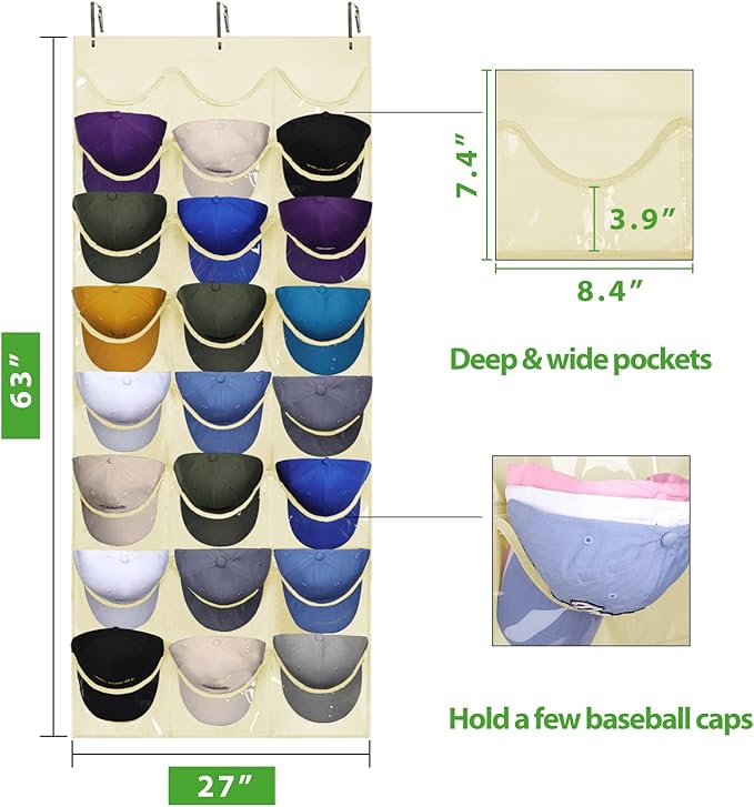Dofilachy Hat Rack - Hat Organizer - Hat Racks for Baseball Caps, Visible Hat Holder - Baseball Hat Rack for Wall Door with 3 Hooks, 24 Deep Pockets (Beige,large)
