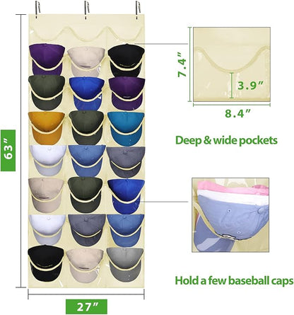 Dofilachy Hat Rack - Hat Organizer - Hat Racks for Baseball Caps, Visible Hat Holder - Baseball Hat Rack for Wall Door with 3 Hooks, 24 Deep Pockets (Beige,large)
