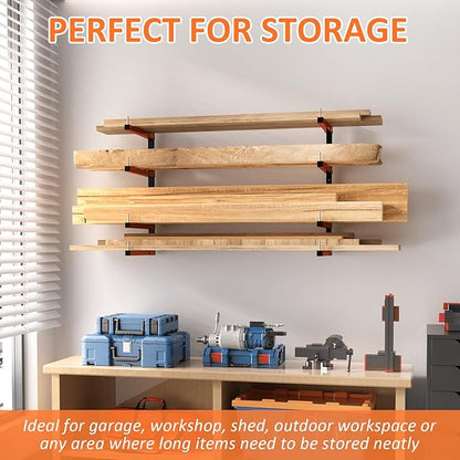 2 Pack Lumber Storage Rack, Wall Mount Removable & Adjustable Lumber Rack with 4-Level Holds Up 520 Lbs, Heavy Duty Metal Garage Wood Rack for Workshop, Basement, Indoor and Outdoor