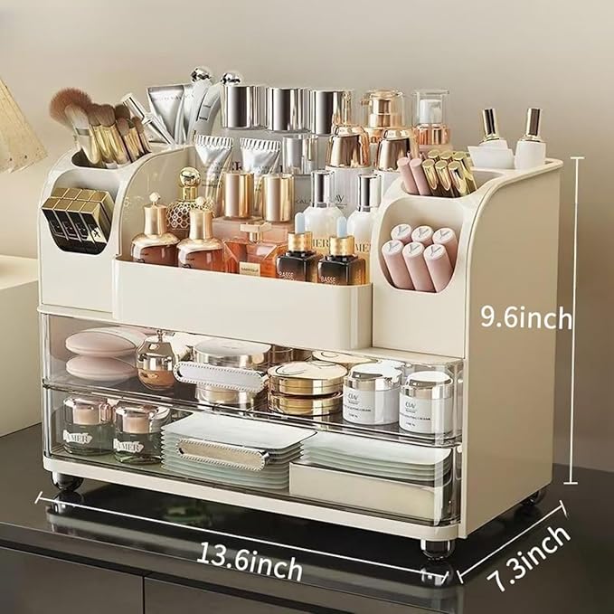 Makeup Organizer with Drawers for Vanity,Bathroom Countertop Organizer with Brushes Holder,Skincare Storage Organizer for Lipsticks,Nail Polishes, Perfumes,Eyeshadow Palettes (Cream)