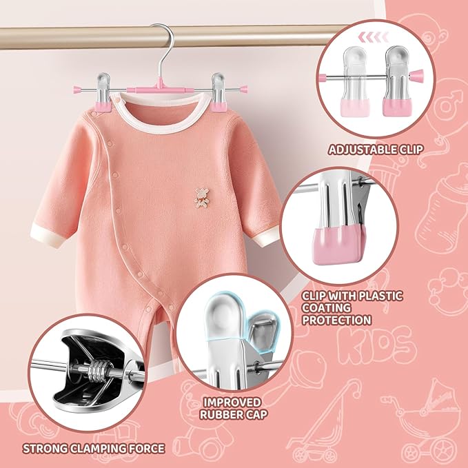 HUADYMEET 30 Pack Baby Pants Skirt Hangers,Non-Slip Space Saving Clothes Hangers with Clips for Kids,Children,Toddler,Jeans Trousers Shorts Metal Hanger for Closet Organization,Women,Men,10inch(Pink)