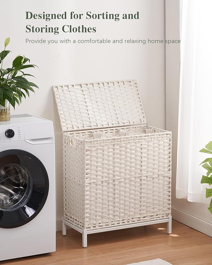 SETVSON Laundry Hamper with Lid 132 L, (35 Gallons) Clothes Hamper with Lid, Handwoven Rattan Laundry Hamper with Metal Heightened Feet, Laundry Hampers with 3 Removable Liner Bags for Laundry-White