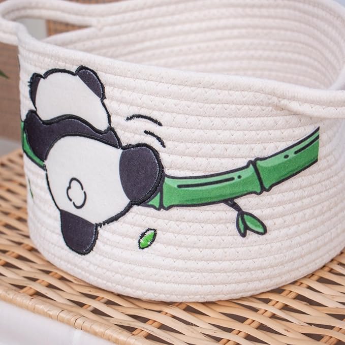 SHCMSADO Cute Panda Cotton Rope Storage Basket – Round Toy Basket with Handles, Delicate and Durable Shelf Organizer for Toys, Clothes, Closet, 10.63 x 7.08 Inches, White