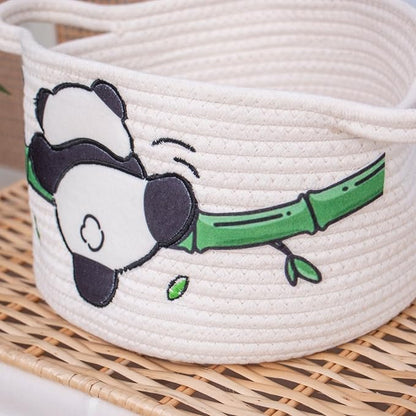 SHCMSADO Cute Panda Cotton Rope Storage Basket – Round Toy Basket with Handles, Delicate and Durable Shelf Organizer for Toys, Clothes, Closet, 10.63 x 7.08 Inches, White
