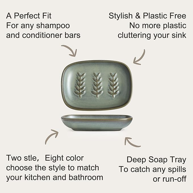 Miamolo Ceramic Soap Dish Bar Soap Holder for Shower, Soap Dishes for Bar Soap Sponge, Shower Soap Saver Tray for Bathtub Bathroom Kitchen Sink, Housewarming Gift, Pro-Environment, Dark Green