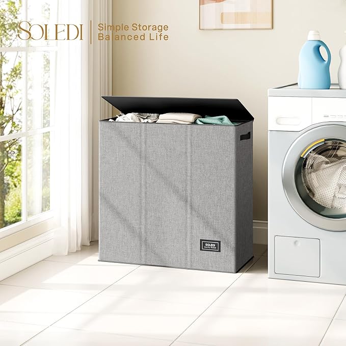 SOLEDI 160L Laundry Hamper 3 Section, Extra Large Laundry Hamper with Lid, Dirty Clothes Hamper with Sturdy Handle, Large Laundry Basket Organizer for Laundry Room, Bedroom, Hampers for Laundry