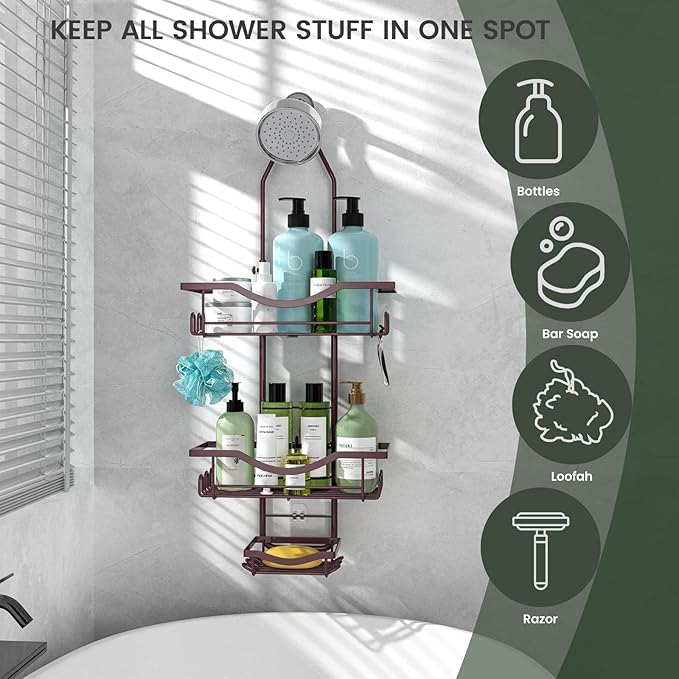 REINHARDT Shower Caddy Hanging Adjustable, Extended Length Rustproof Showers Caddy Over Showerhead with Hooks Soap Holder, Large Capacity Shower Organizer Anti-Swing Bathroom Organizer, Bronze