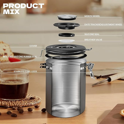 38oz Airtight Coffee Canister,Stainless Steel Coffee Bean Storage Container with Scoop Date Tracker & CO2 Release Valve for Beans, Grounds and more- Gray