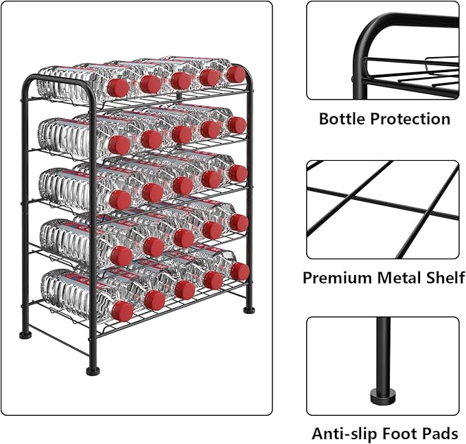 Water Bottle Organizer 5 Tier FreeStanding Water Bottle Storage Rack Metal Beverage Can Dispenser for Pantry, Kitchen Cabinet Countertop, Black