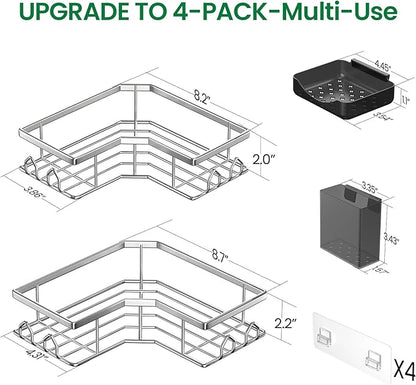 Adhesive Shower Caddy, 4 Pack Corner Bath Organizer, Rustproof Stainless Steel Shower Shelves with Large Capacity, No Drilling Shelves for Bathroom Storage, Home, Kitchen Decor (Silver).