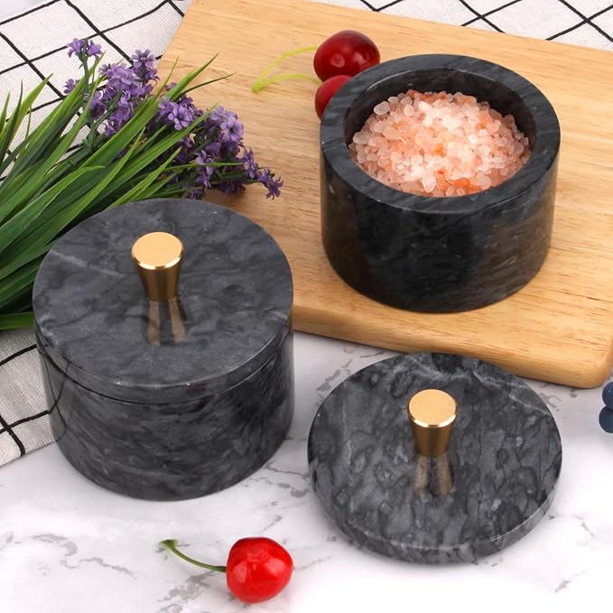Marble Salt Cellar with Lid, 4 inch Natural Stone Salt Pepper Box, Alloy Lid for Kitchen Countertop Storage (Dark Grey, 4 * 3.5)