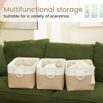 Large Storage Baskets- 15x11x10 inch Storage Bins for Shelves and Closet Organizing, Foldable Fabric Bin for Home Organization Clothes and Laundry (1-Pack, White&Khaki)