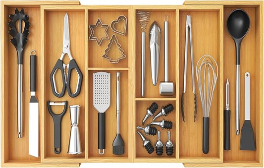 Lifewit Expandable Utensil Organizer for Kitchen Drawer, Adjustable Cooking Silverware Tray, Plastic Cutlery Flatware Holder, Spatula Tools Gadgets Storage Divider, 21- 36 x 16, Bamboo, Natural
