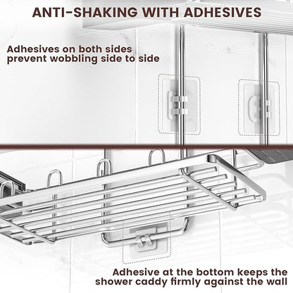REINHARDT Shower Caddy Hanging, Rustproof Shower Caddy Anti-Swing Shower Organizer Over Showerhead No Drilling Shower Racks with Soap Holder Multi Hooks Bathroom Storage for Shampoo Sponge, Silver