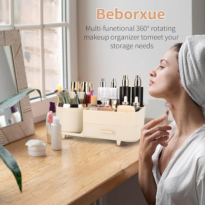 Beborxue 360° Rotating Makeup Organizer for Vanity with Drawers, Large Capacity Cosmetic Display Case, skincare organizer, Cosmetic Organizer for Lipstick, Skincare, Brushes, Eyeshadow, (Rice White)