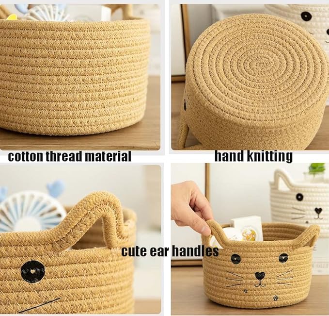 Cotton Rope Basket Yarn Basket With Ears Cute Baby Shower Gifts Cartoon Pet Toys Organizer Bins Small Basket For Makeup/Keys 8.3 x 4.7 inches,Brown