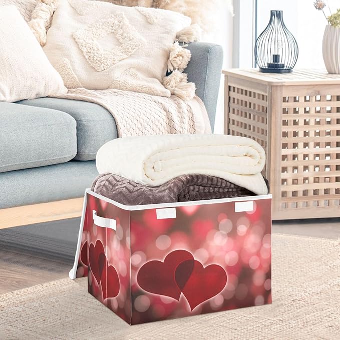 senya Valentines Baskets Collapsible Storage Bins with Lids, Hearts Bokeh Effect Storage Boxes Clothes Baskets for Organizing